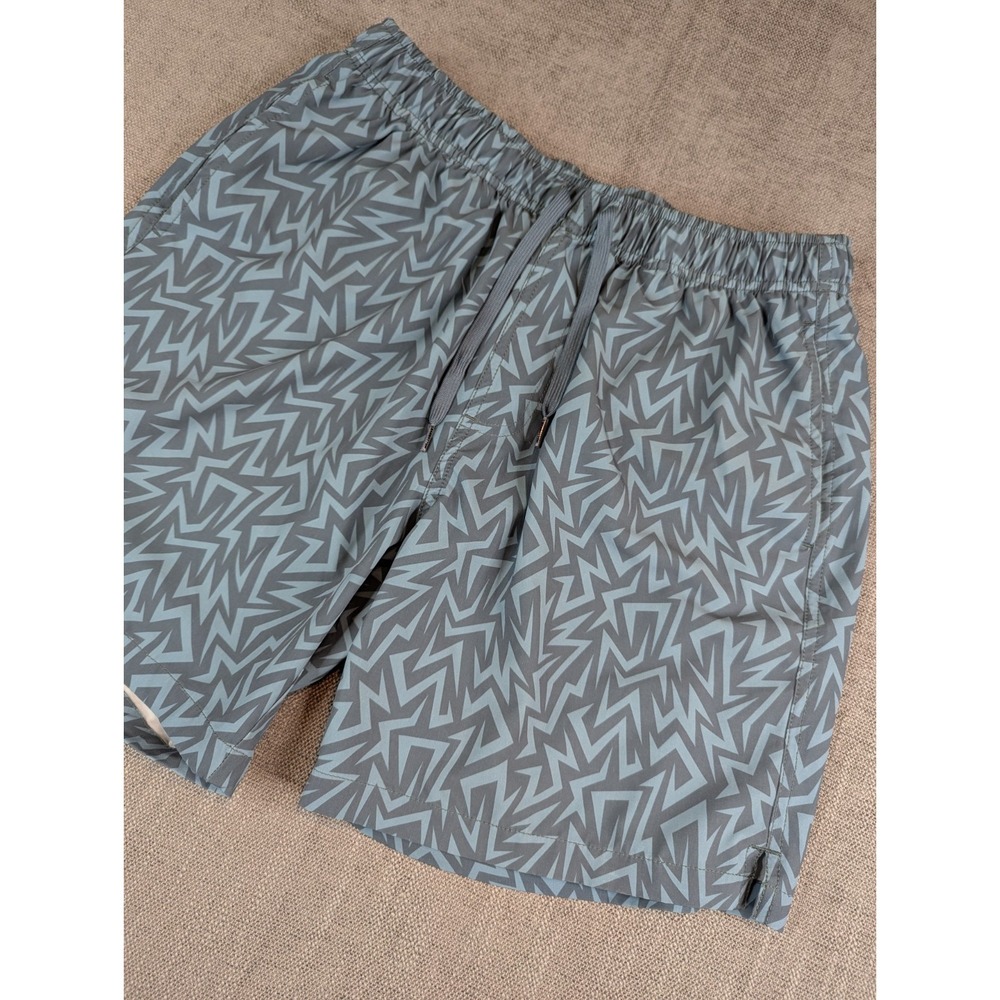 Bear Bottom Swim Trunks Mens L Blue Mesh Lined 7' Shorts Geometric AOP